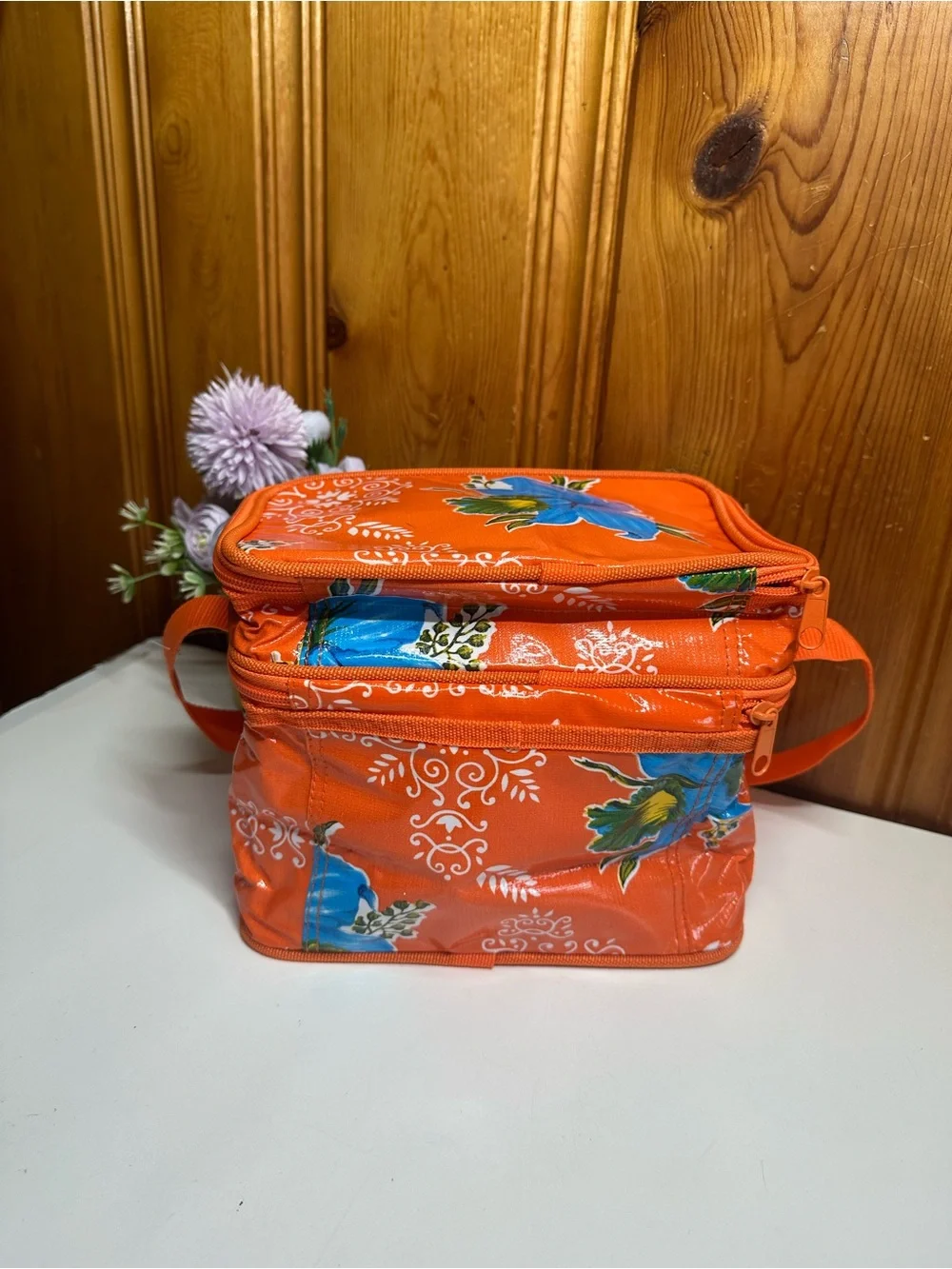 Orange Floral Vinyl lunch Bag